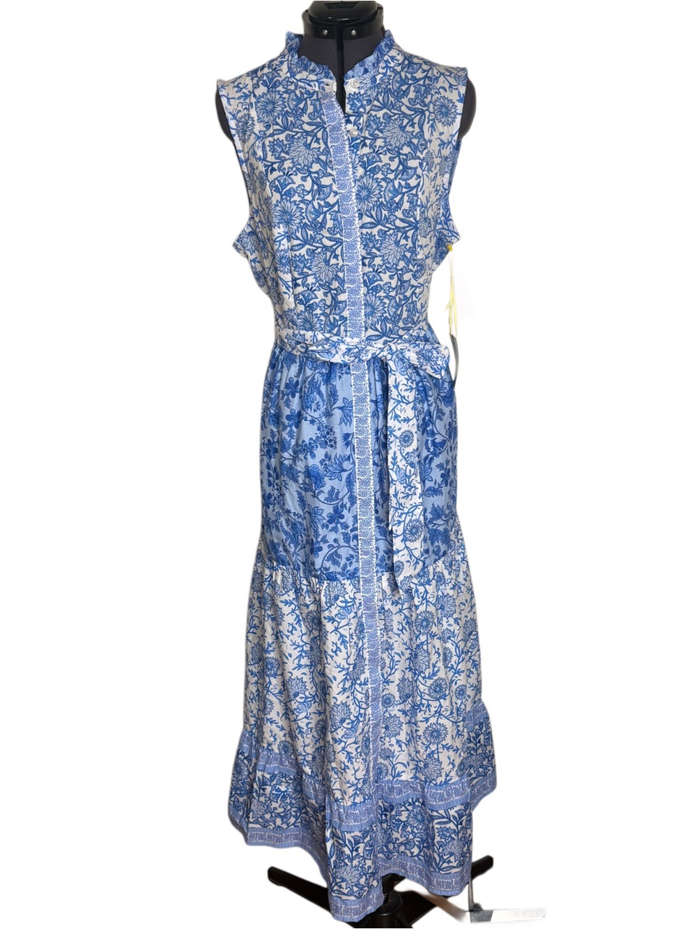 CeCe 100% Cotton Sleeveless Blue Floral Tiered Maxi Dress NWT